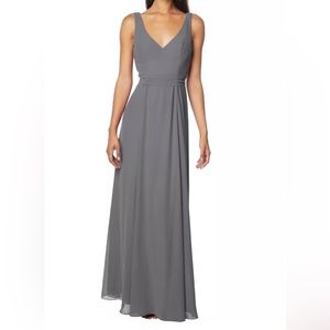 Bill Levkoff pewter chiffon sleeveless A-line dress.
